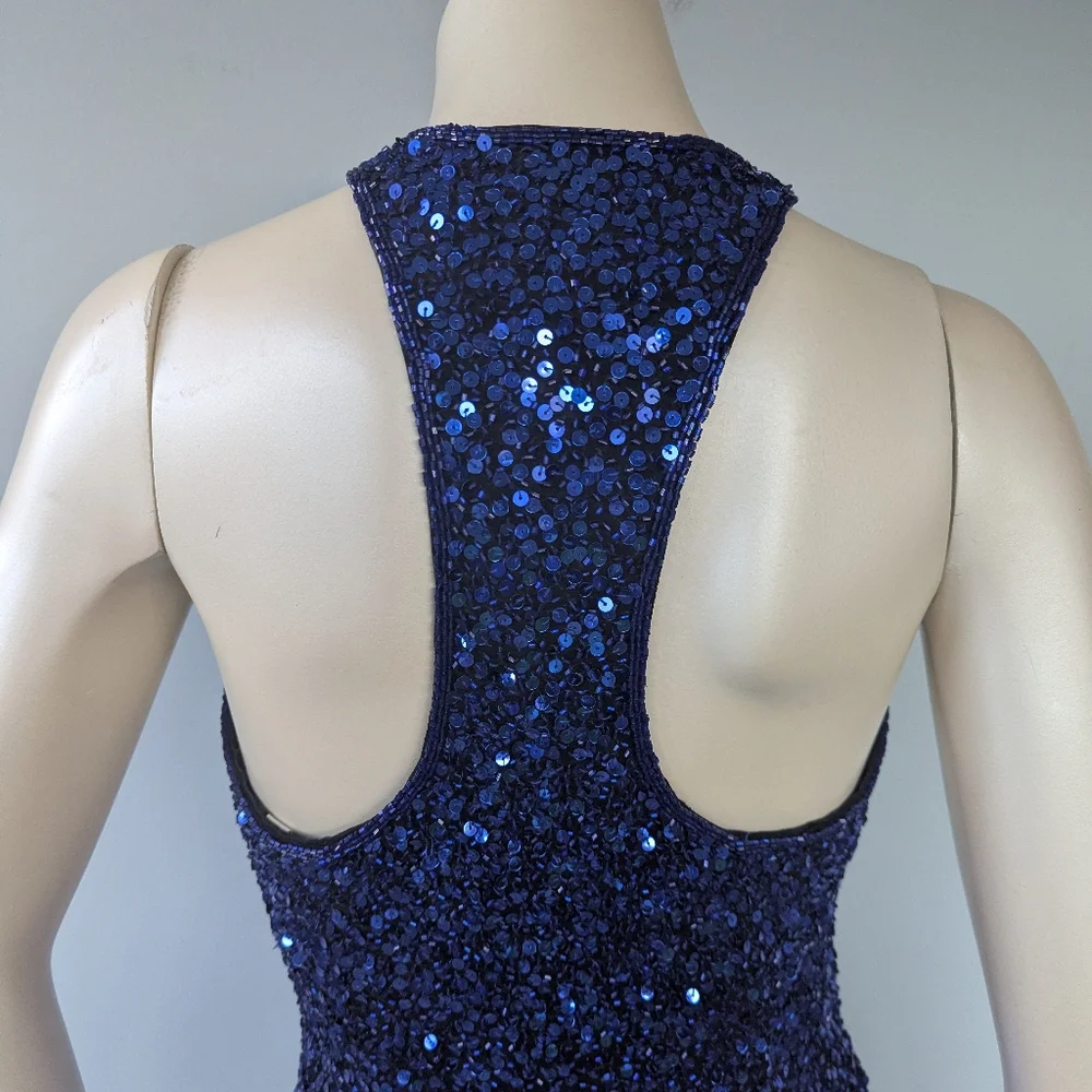Vintage Oleg Cassini Neiman Marcus Blue Sequin Beaded Silk Cocktail Dress - Picture 12 of 12